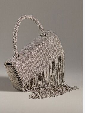 Anthropologie Silver Beaded Fringe Top-Handle Evening Bag